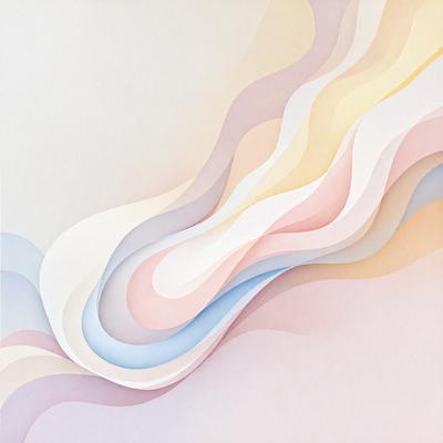 The primary subject of the image is a painting of a colorful, swirling, and flowing design. The setting is a white wall, and the visual style is a combination of digital art and illustration. The dominant colors in the painting are pink, blue, and yellow, creating a vibrant and lively atmosphere.